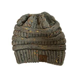 CC Ponytail Beanie Adult Knit Hat Gray Confetti Open Top